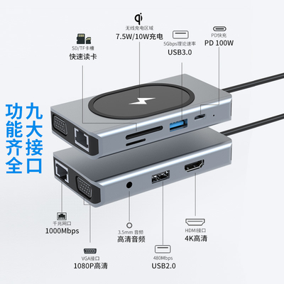 USB Type C HUB Multifunction Adapter 9 In One And With Memory Card Reader