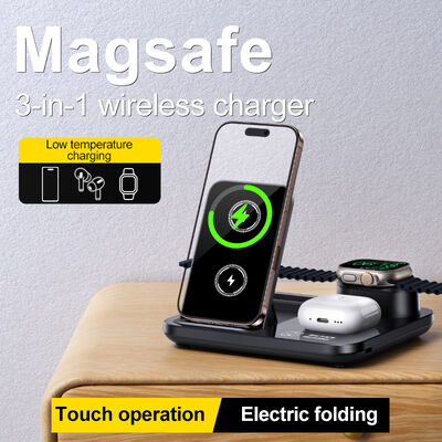 15W Fast Charging 3 in 1 Wireless Charger with Foldable Design and Magnetic Suction