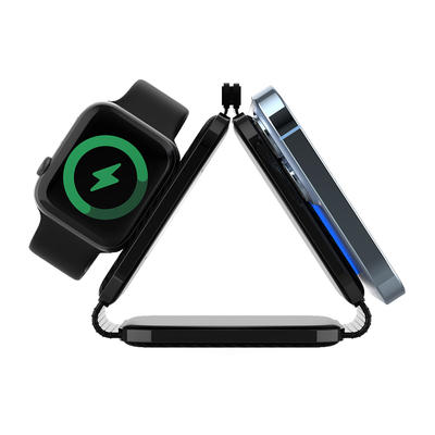 Portable Three-In-One Magnetic Wireless Charger for Fast Phone Charging in Black/White